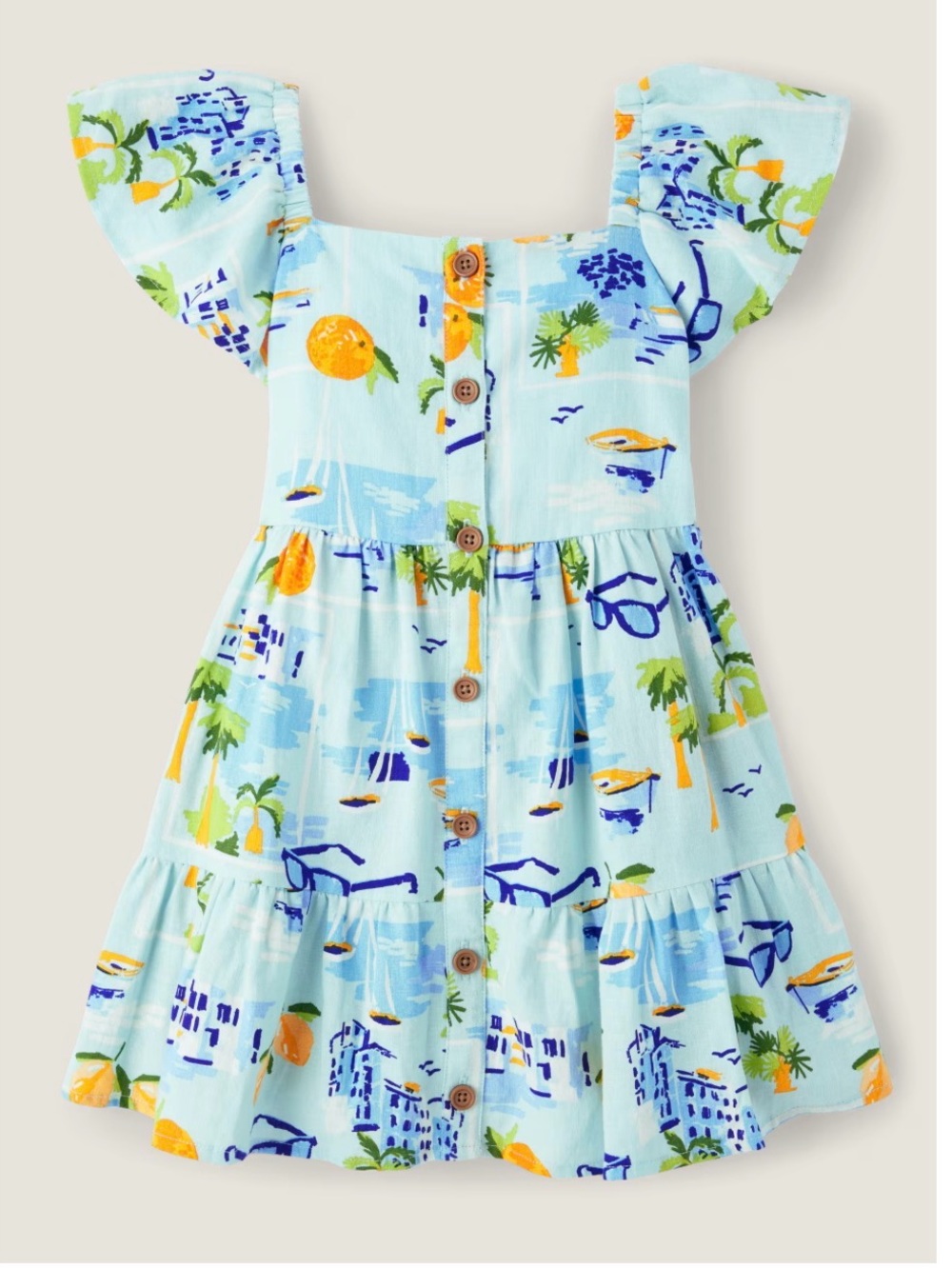Light Blue Tropical Print Button-Front Linen Sundress